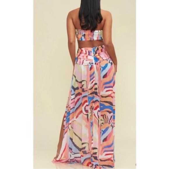 Two Piece Multicolor Abstract Tie Front High Slit Skirt And Top Set - Picture 4 of 4